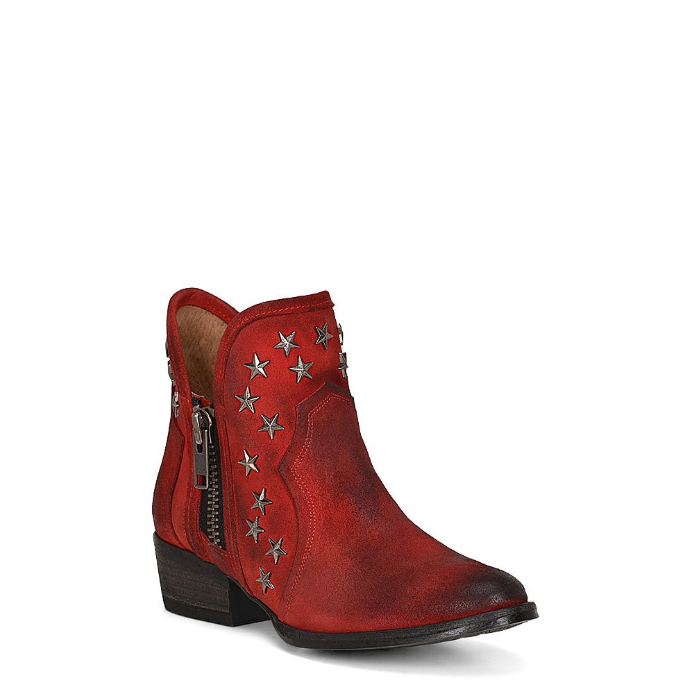 Corral Women's 5.5" Red Distressed Suede Leather Side Zip & Star Studs Round Toe Ankle Bootie - Q5174 - 5M