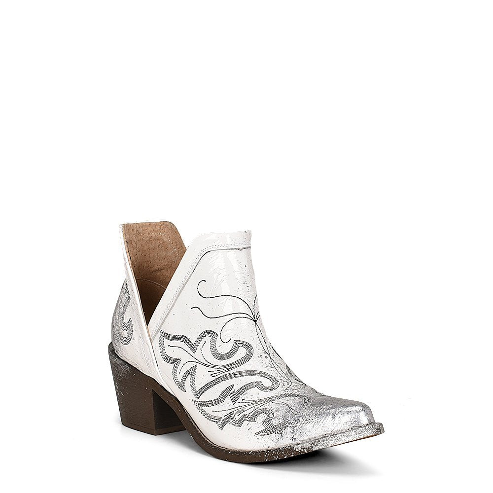 Corral Circle G 4" White Patent Black Embroidery & Silver Overtone Pointed Toe Ankle Bootie - Q5176 - 5M