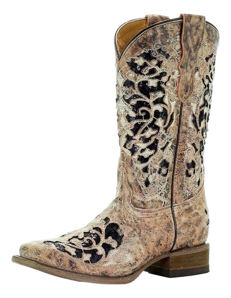 Corral Youth 11" Tan Black Glitter Inlay Embroidery Square Toe Western Boot - T0042 - 2