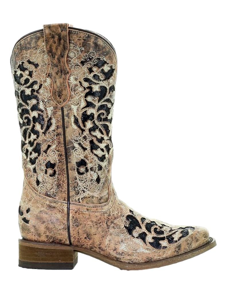 Corral Youth 11" Tan Black Glitter Inlay Embroidery Square Toe Western Boot - T0042 - 2