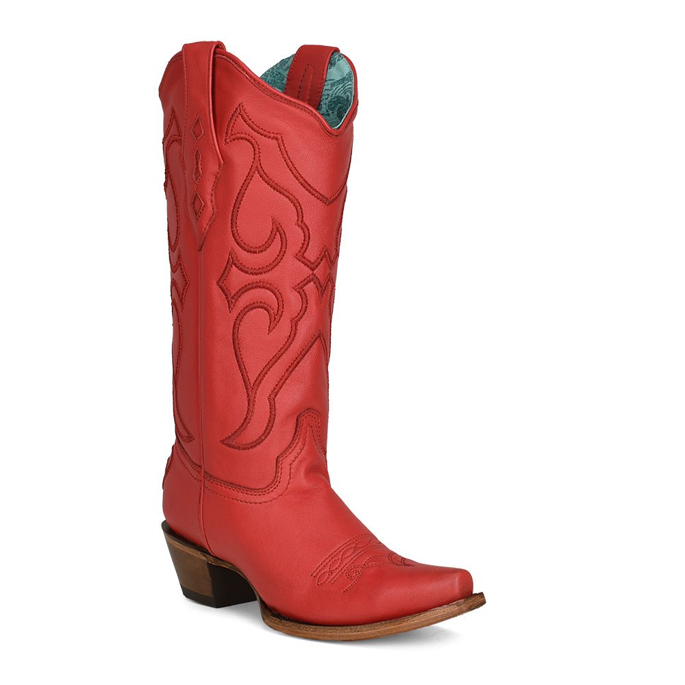 Corral Women's 13" Red Matching Stitch Pattern & Inlay Snip Toe Western Boot - Z5073 - 5M