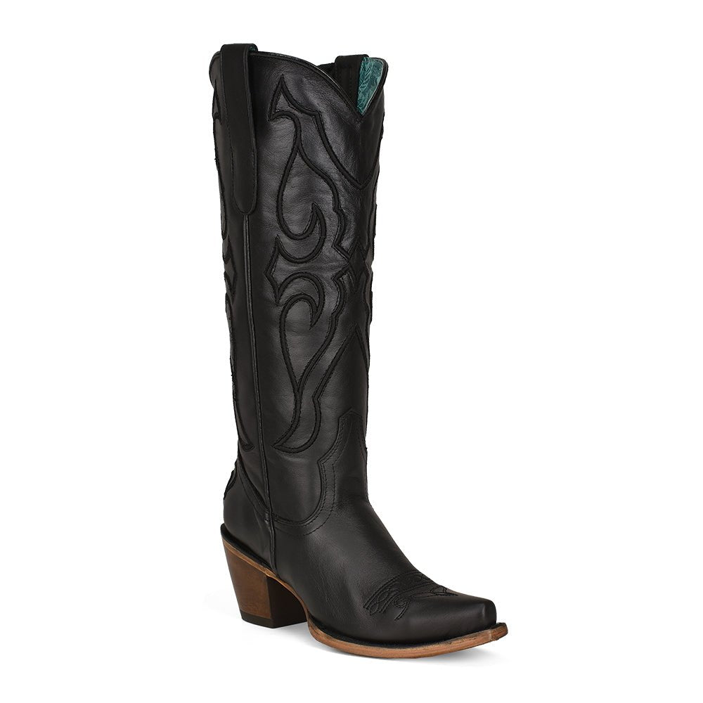 Corral Women's 15" Black Tall Top Matching Stitch Pattern & Inlay Snip Toe Western Boot - Z5075 - 5M