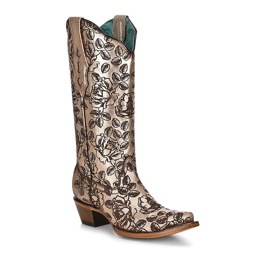 Corral Women's 13" Golden Floral Laser Snip Toe Western Boot - Z5083 - 5M