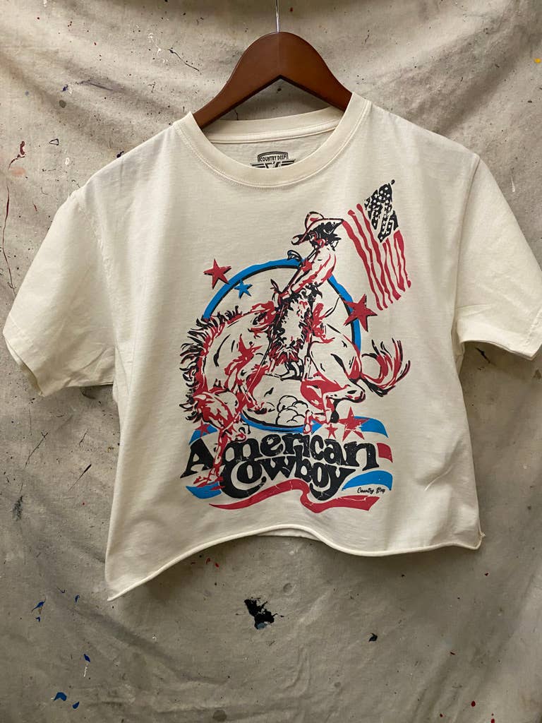 Country Deep Apparel American Cowboy Vintage Relaxed Cropped T-Shirt - Natural - AMERICANCB-S