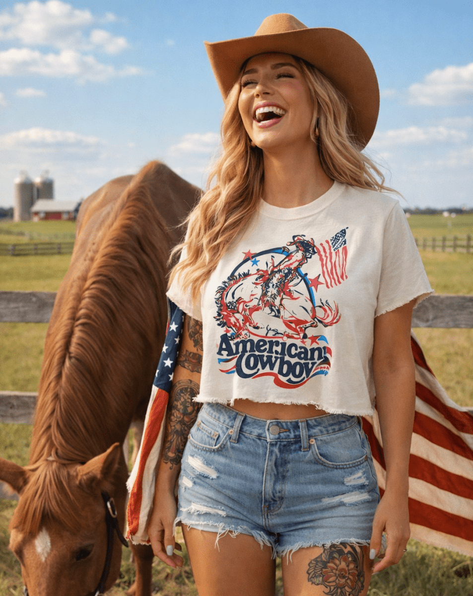 Country Deep Apparel American Cowboy Vintage Relaxed Cropped T-Shirt - Natural - AMERICANCB-S