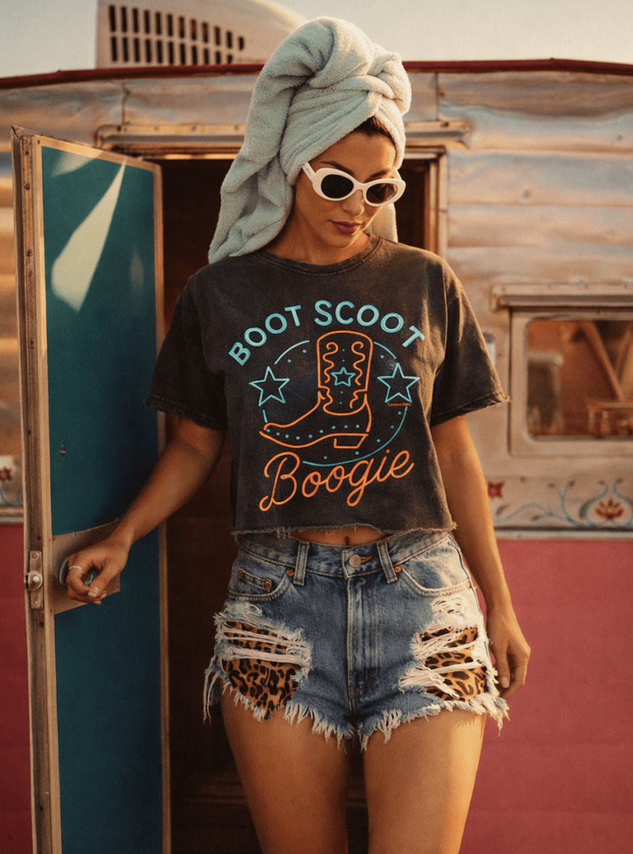 Country Deep Apparel Boot Scoot Boogie Relaxed Cropped Acid Wash T-Shirt - Black - BOOTSCOOT-S