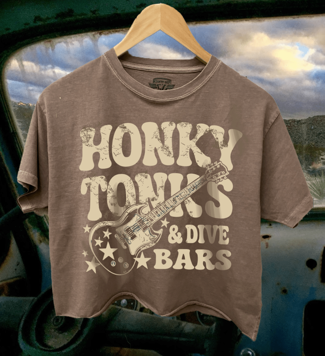 Country Deep Apparel Honky Tonks & Dive Bars Relaxed Cropped T-Shirt - Natural - HONKYT&DB-CROP-S