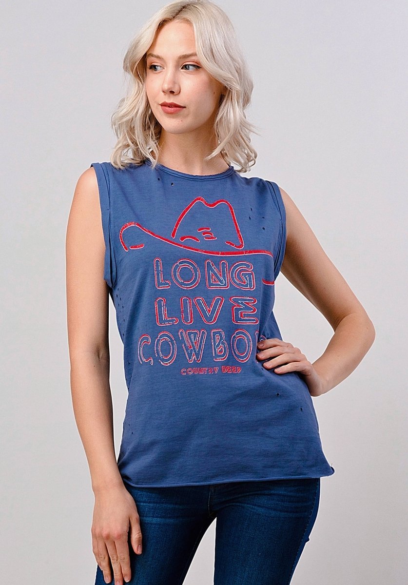 Country Deep Apparel Long Live Cowboy Relaxed Fit Distressed Rolled Sleeve Muscle Top - Faded Navy - LONGLIVECB-S