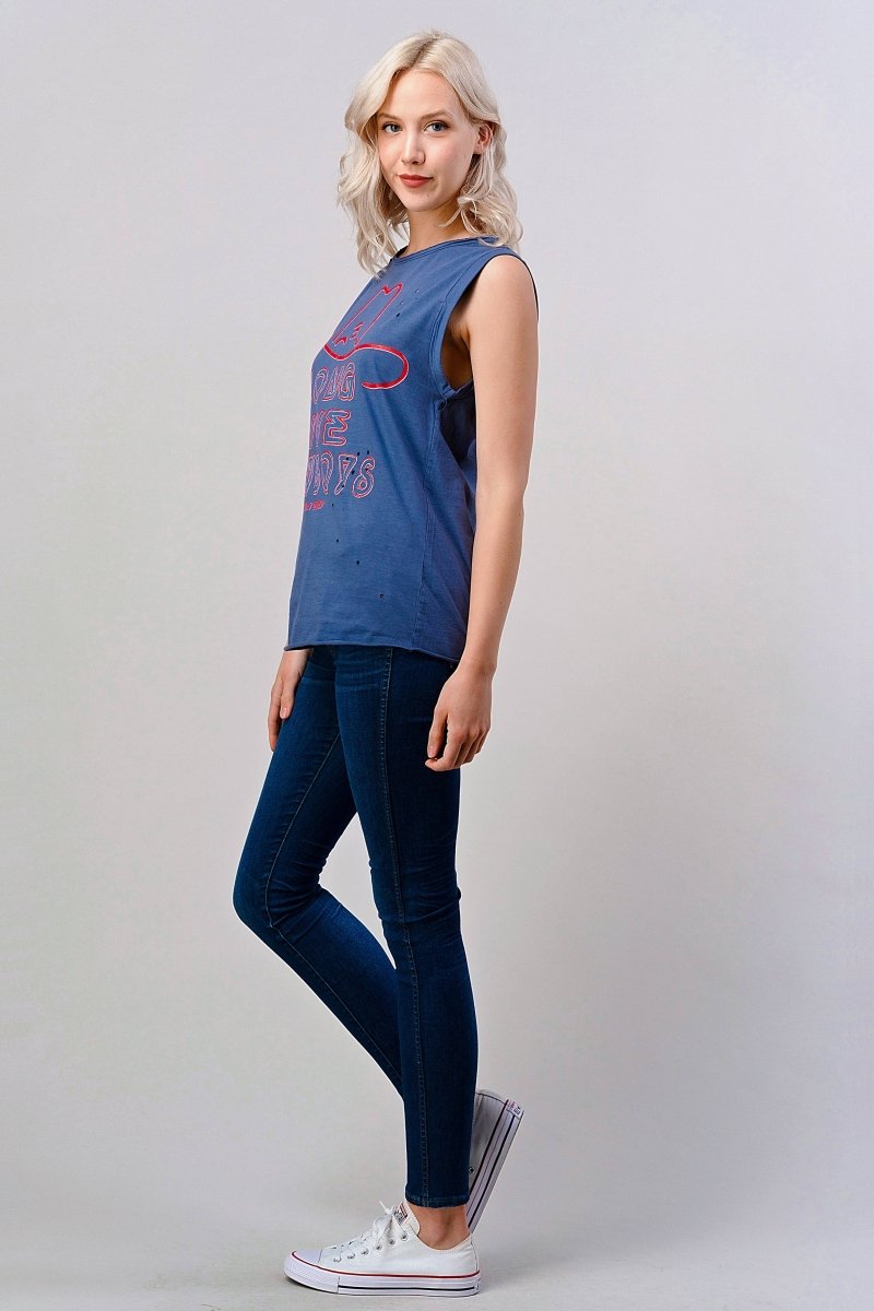 Country Deep Apparel Long Live Cowboy Relaxed Fit Distressed Rolled Sleeve Muscle Top - Faded Navy - LONGLIVECB-S