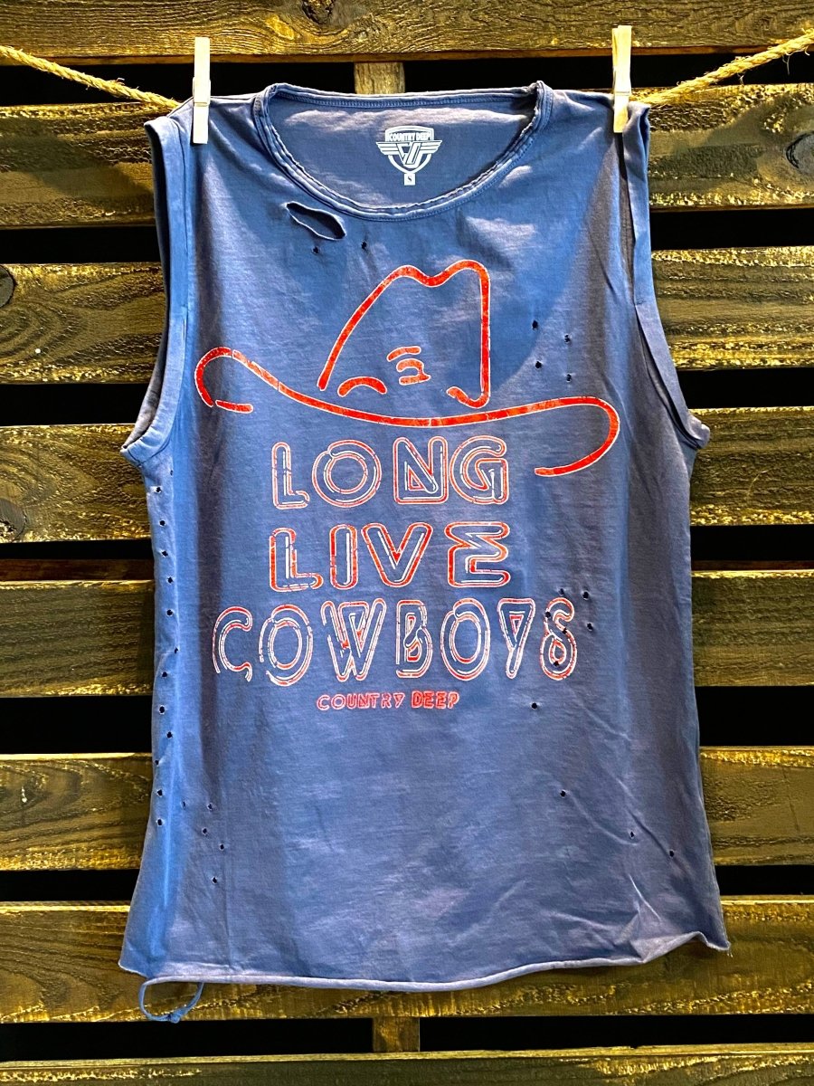 Country Deep Apparel Long Live Cowboy Relaxed Fit Distressed Rolled Sleeve Muscle Top - Faded Navy - LONGLIVECB-S