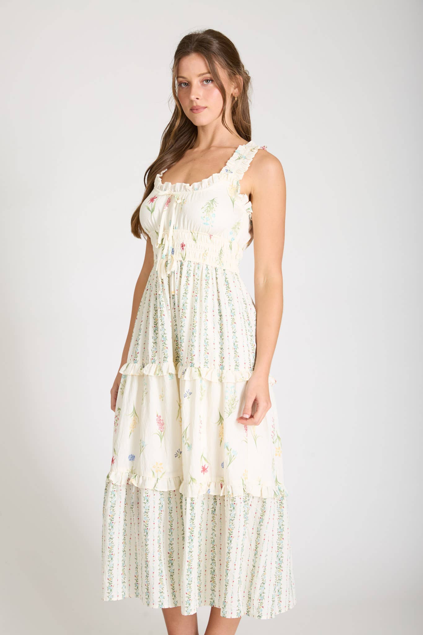 Blu Pepper Floral Colorblock Ruffled Tiered Midi Dress - Ivory Multi