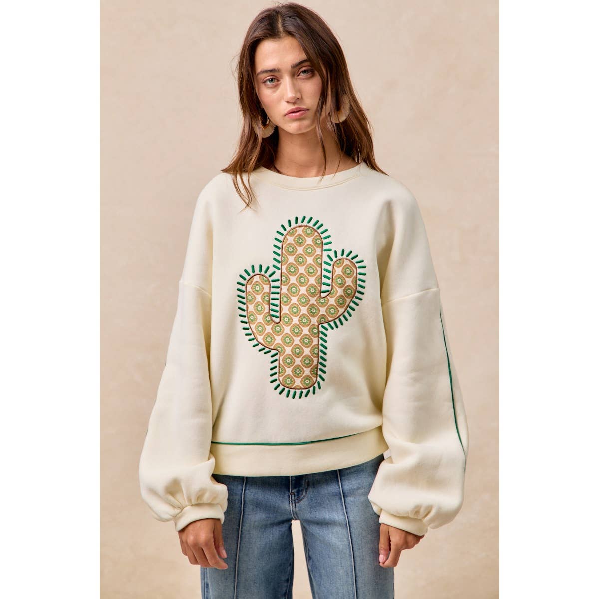 BiBi Cactus Embroidered Fleece Sweatshirt - Cream