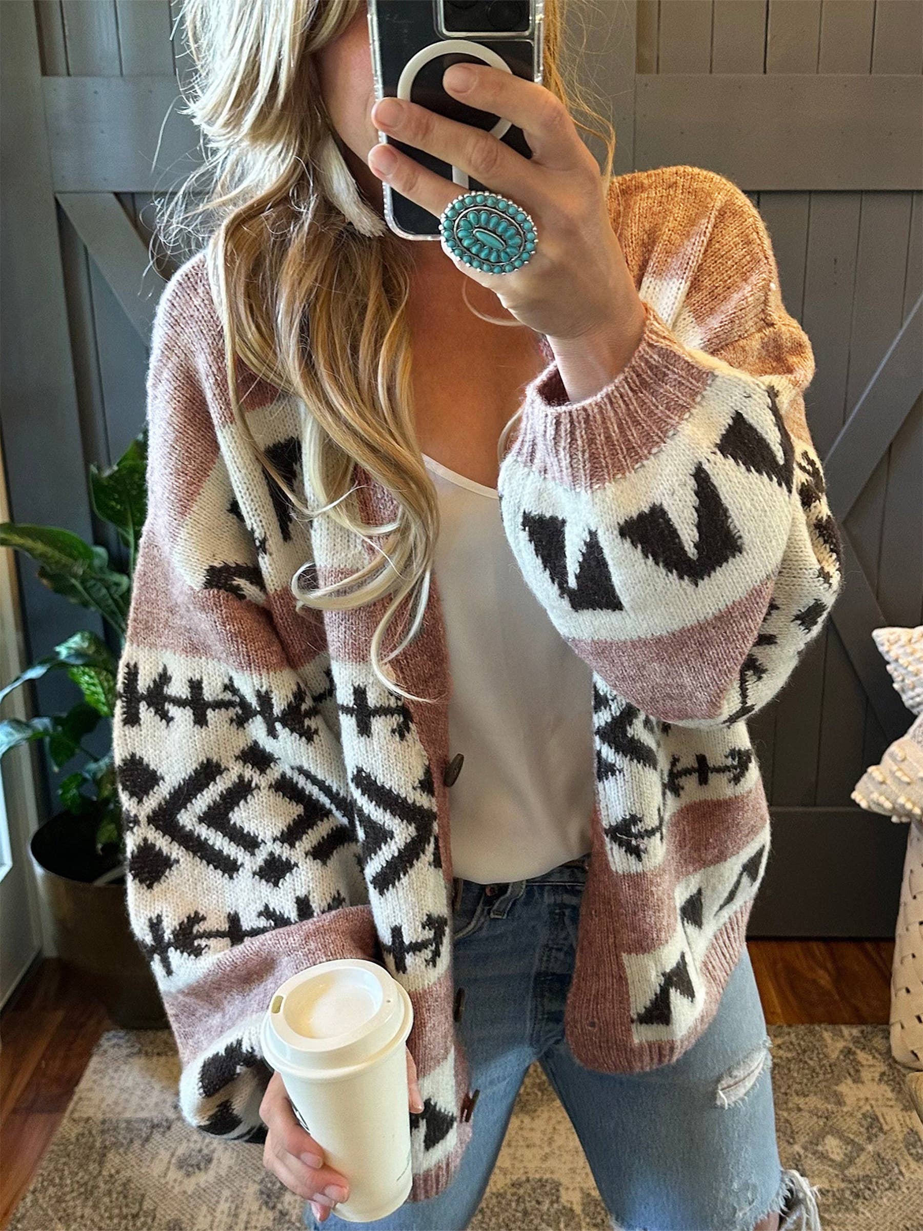 Jacquard Contrasting Color Knitted Cardigan - Pink