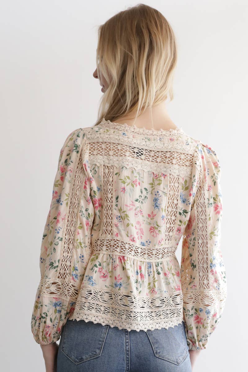 Angie Floral Print Lace Trim Tie Front Top - Sand