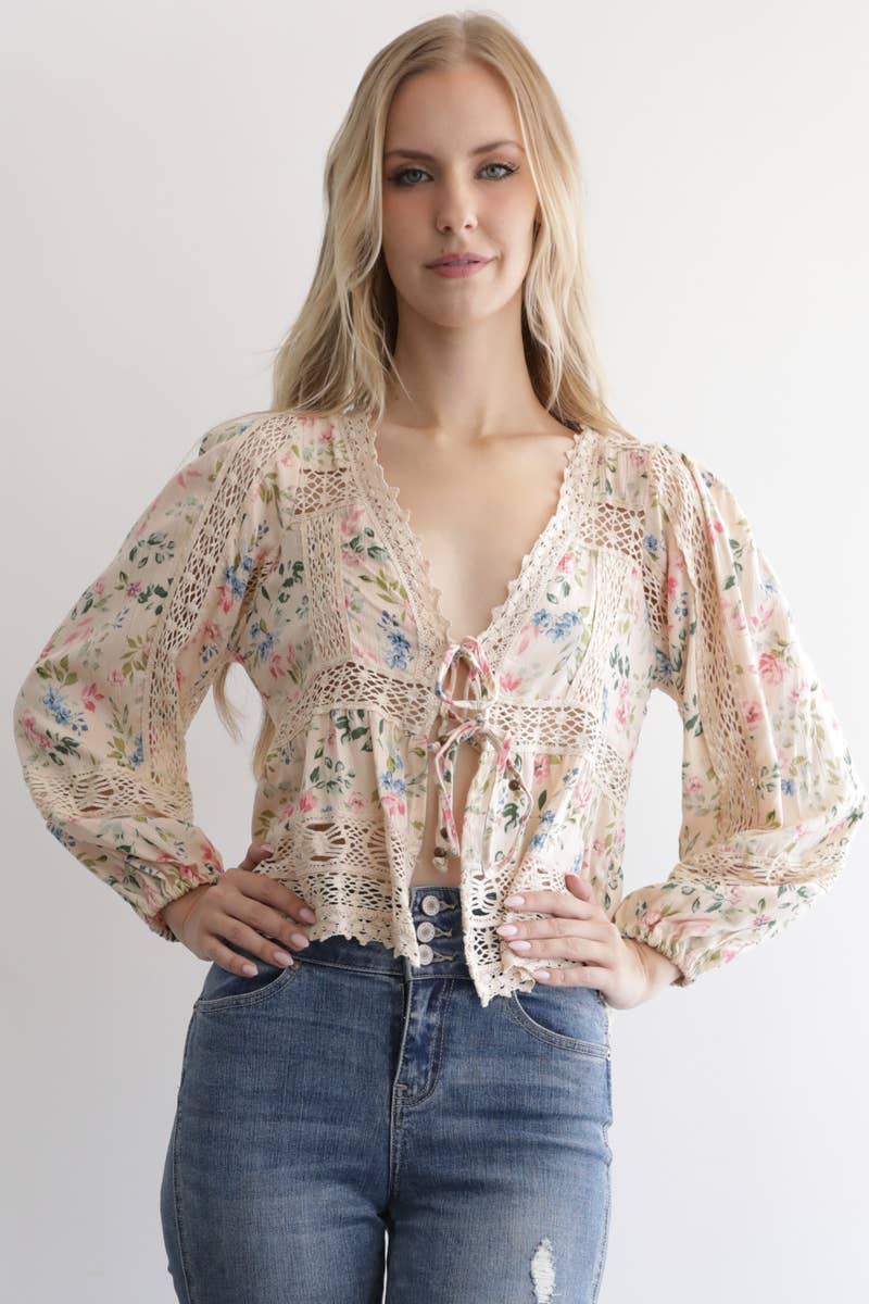 Angie Floral Print Lace Trim Tie Front Top - Sand
