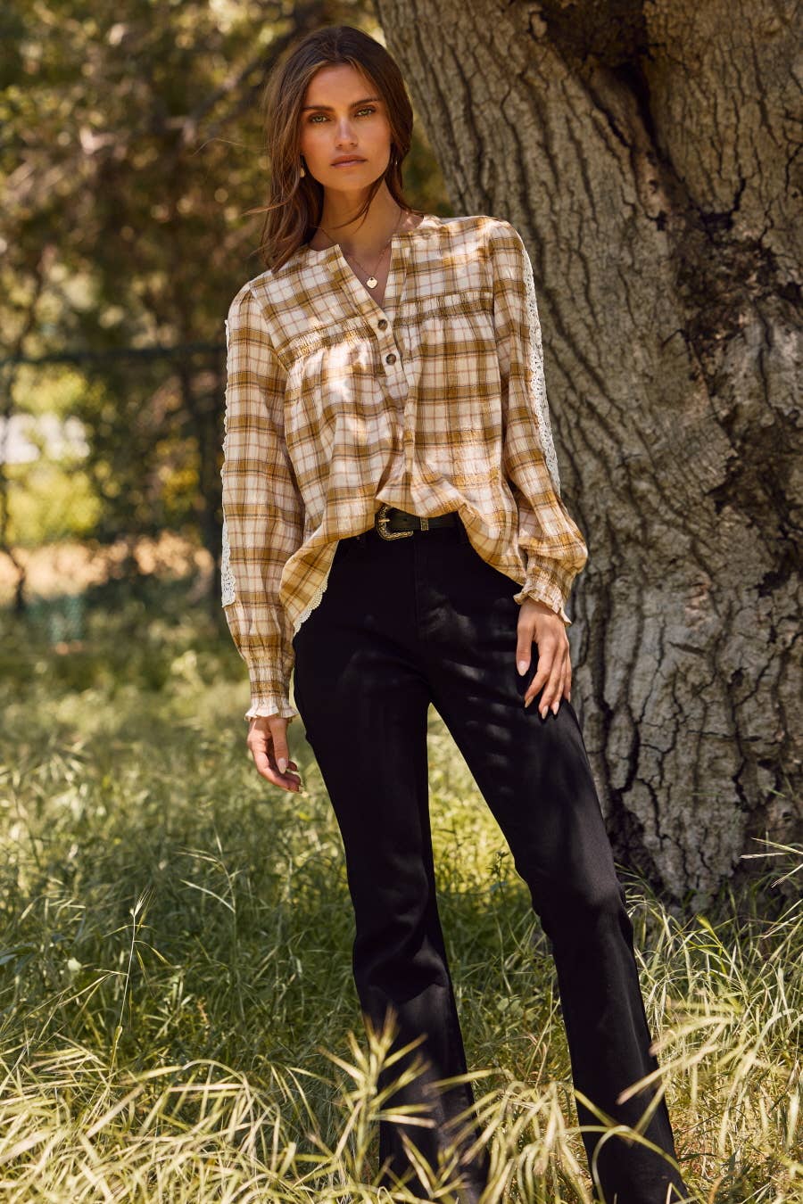 Oddi Plus Lace & Plaid Combo Long Sleeve Blouse - Sage Multi