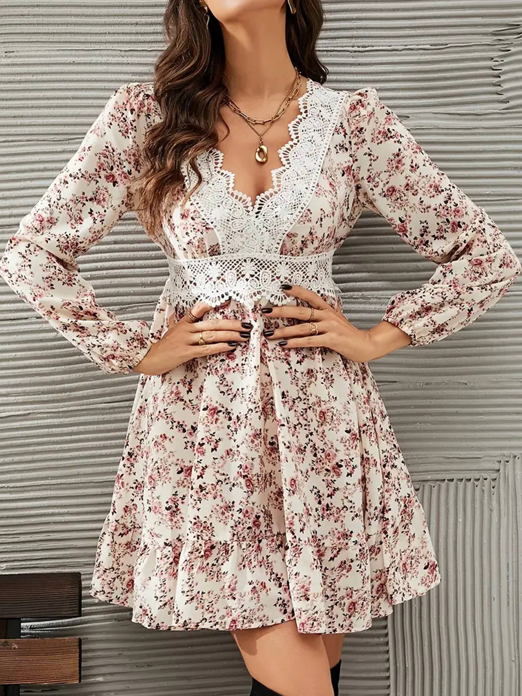 Collared Printed Long Sleeve Tie Waist Slit Dress - Beige