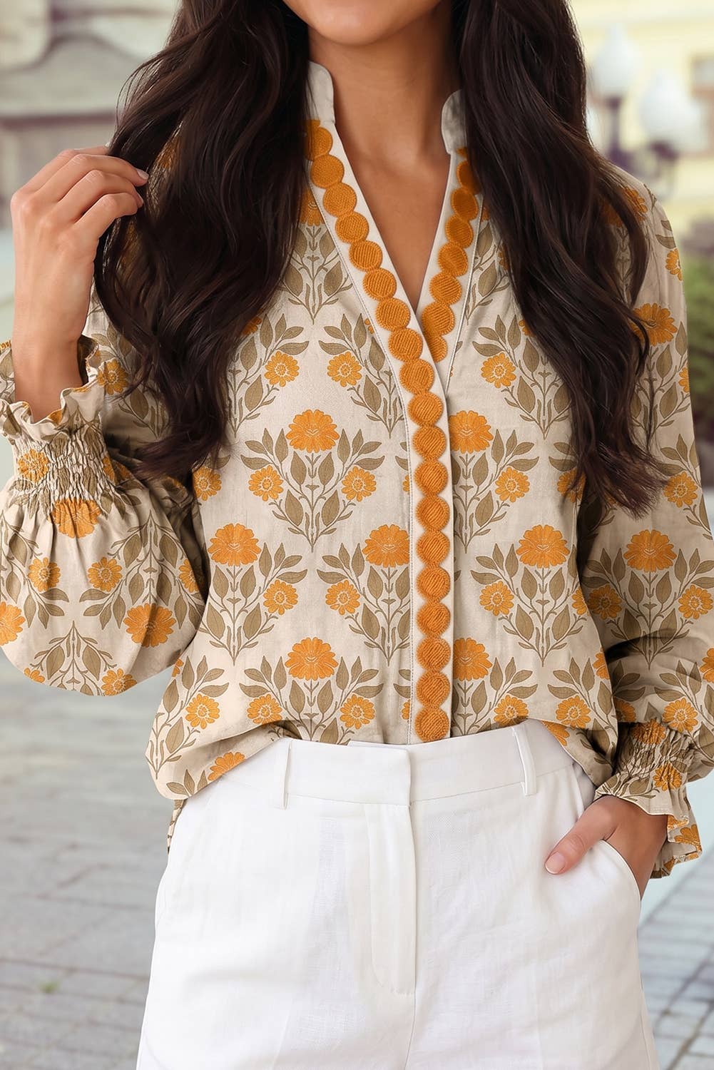 1 the Woman Floral Print V Neck Long Sleeve Casual Shift Blouse - Orange