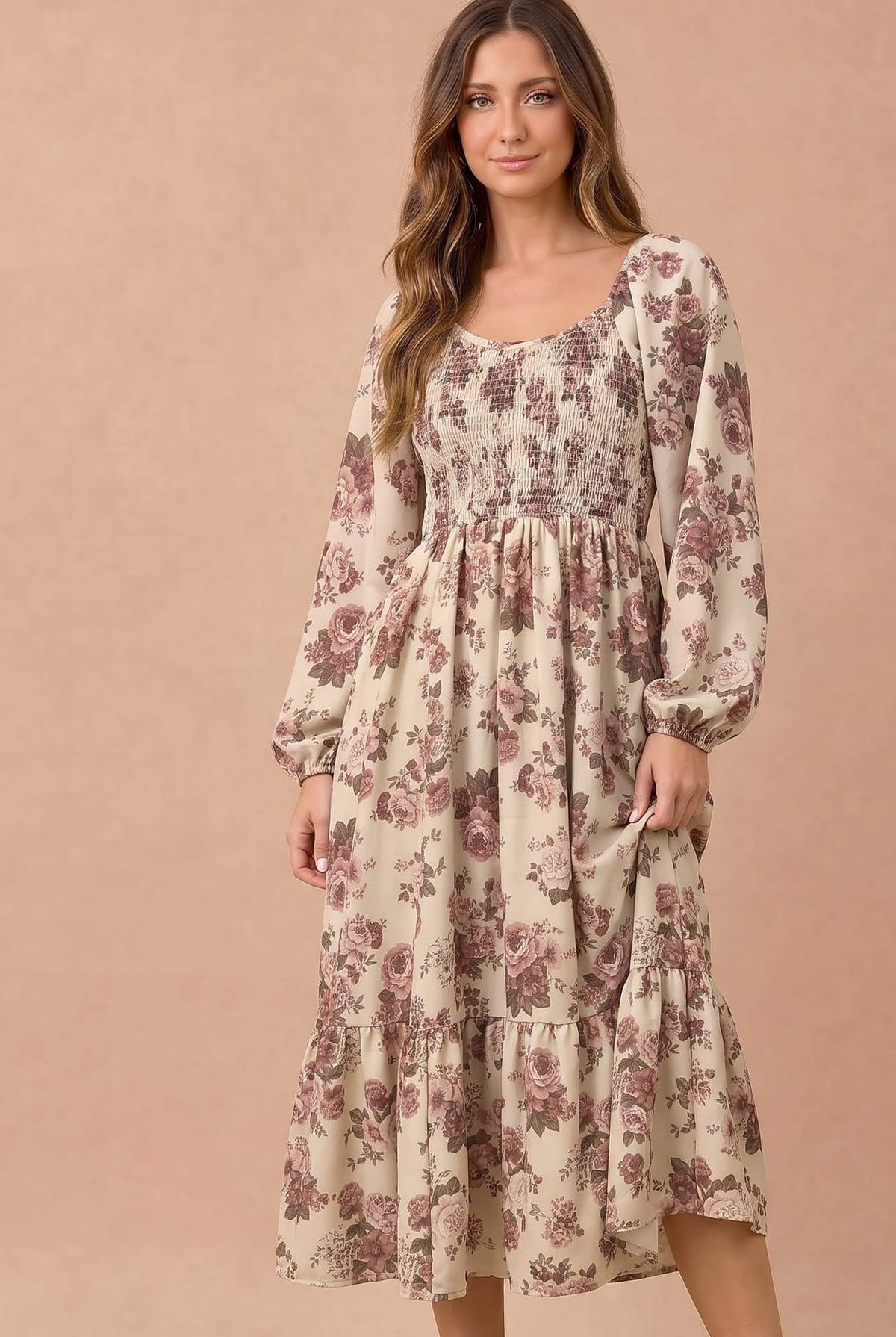 Haptics Women's Floral Smocked Tiered Midi Dress