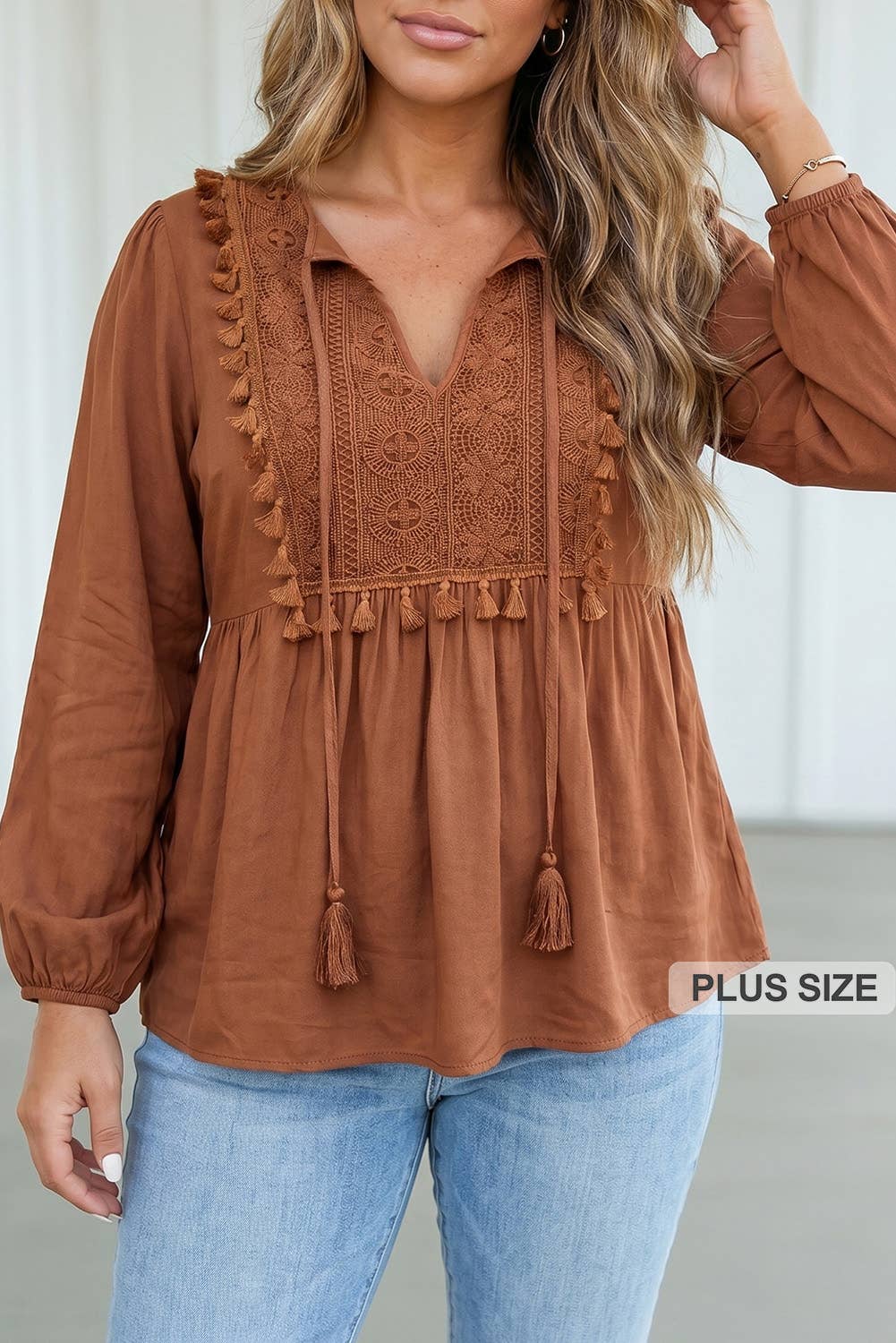 LA Society Las Boho Embroidered Knot Fringe Plus Size Blouse - Chestnut