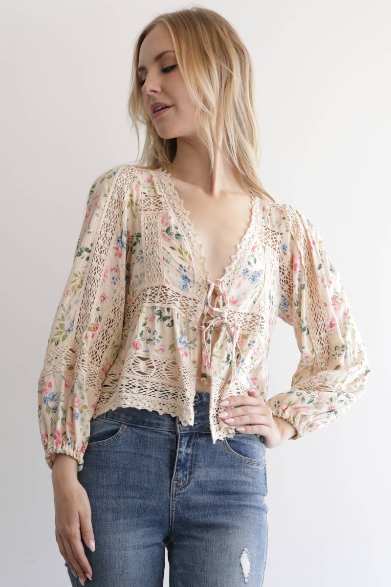 Angie Floral Print Lace Trim Tie Front Top - Sand
