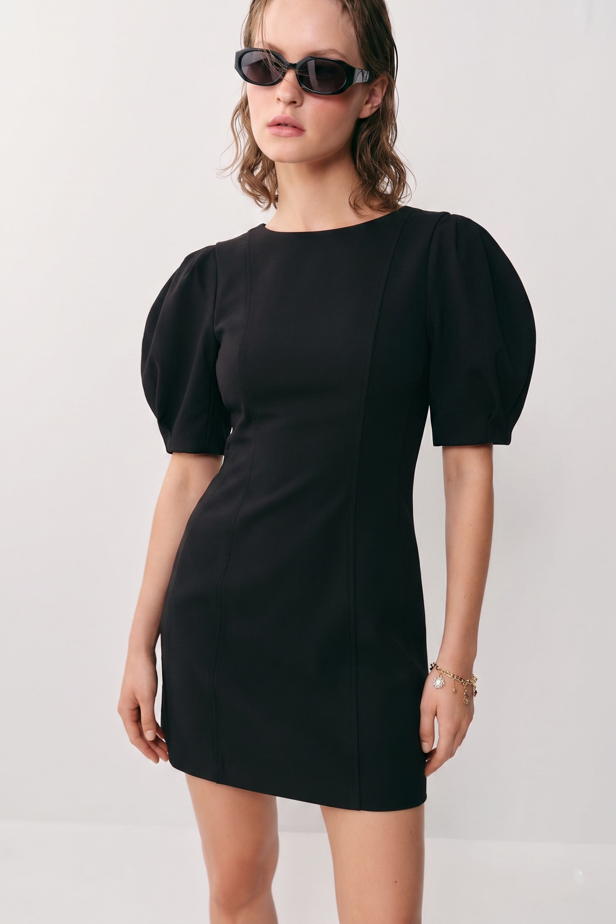Glam Round Neck Balloon Sleeve Mini Dress - Black