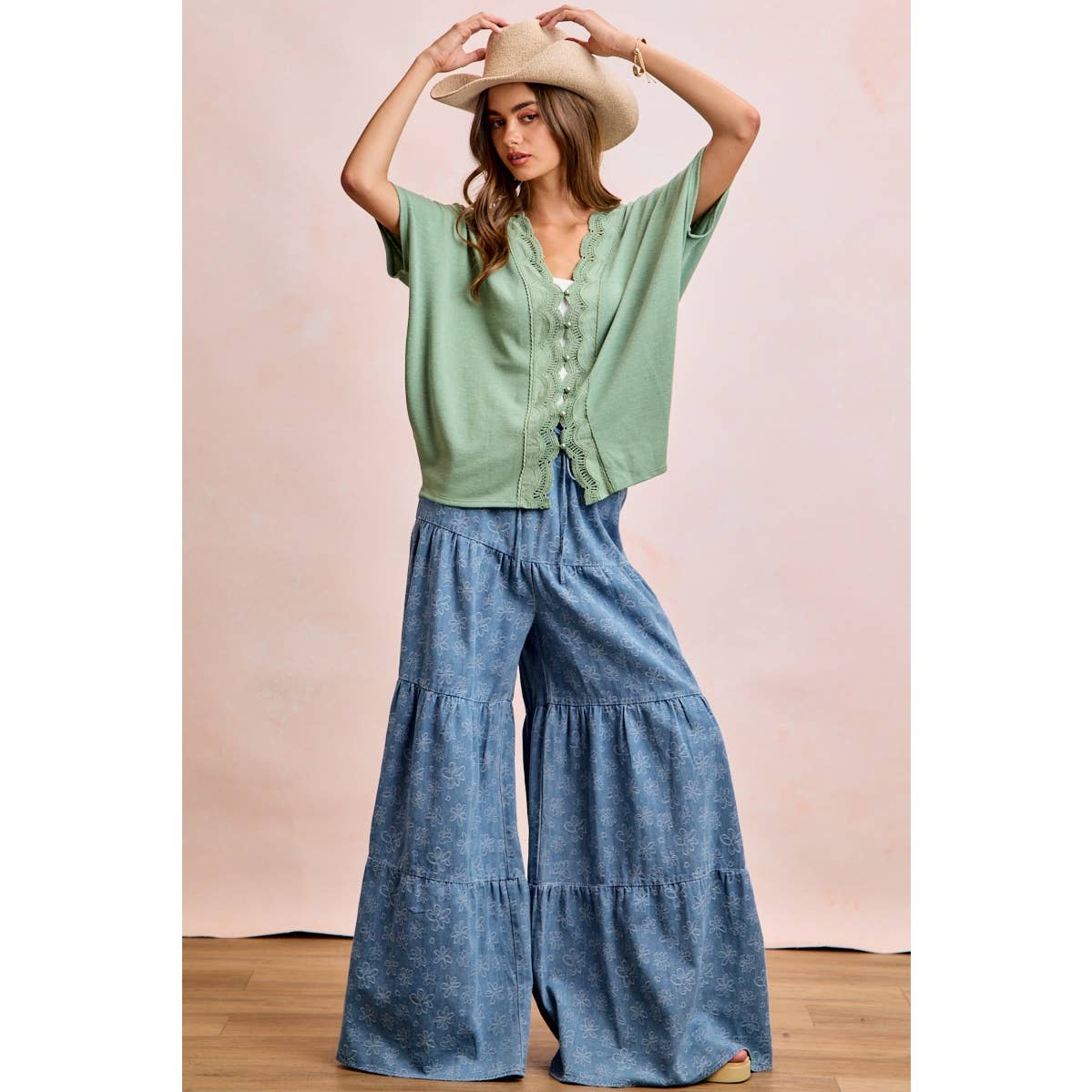 BiBi Floral Tiered Flare Denim Pants - Denim