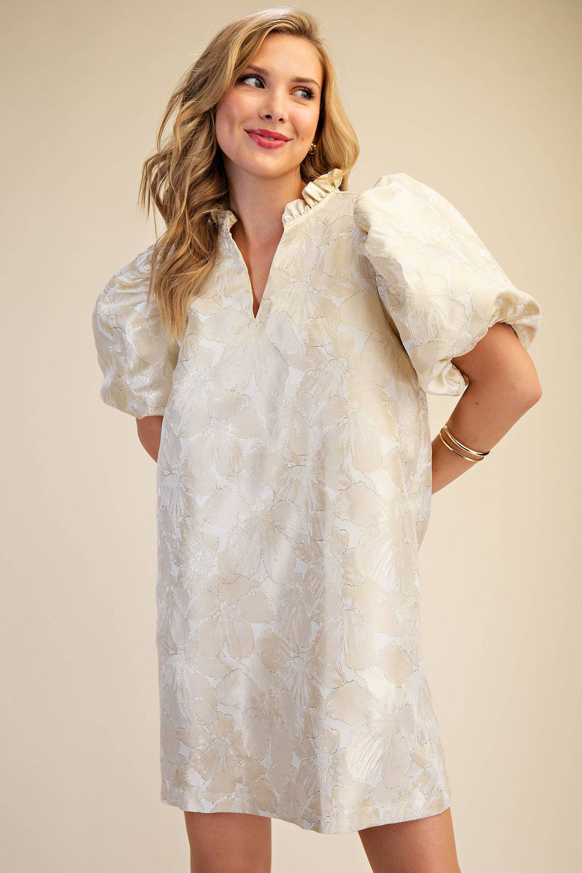 Glam Ruffle V-Neck Puff Sleeve Mini Dress - Champagne