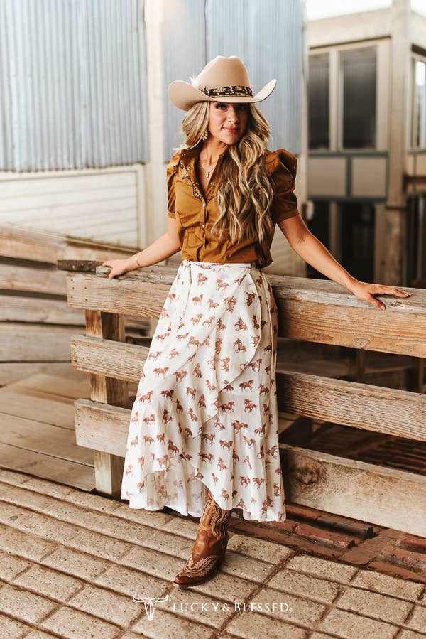 Lucky & Blessed Ivory Running Horse Printed Western Ruffle Edge Skirt