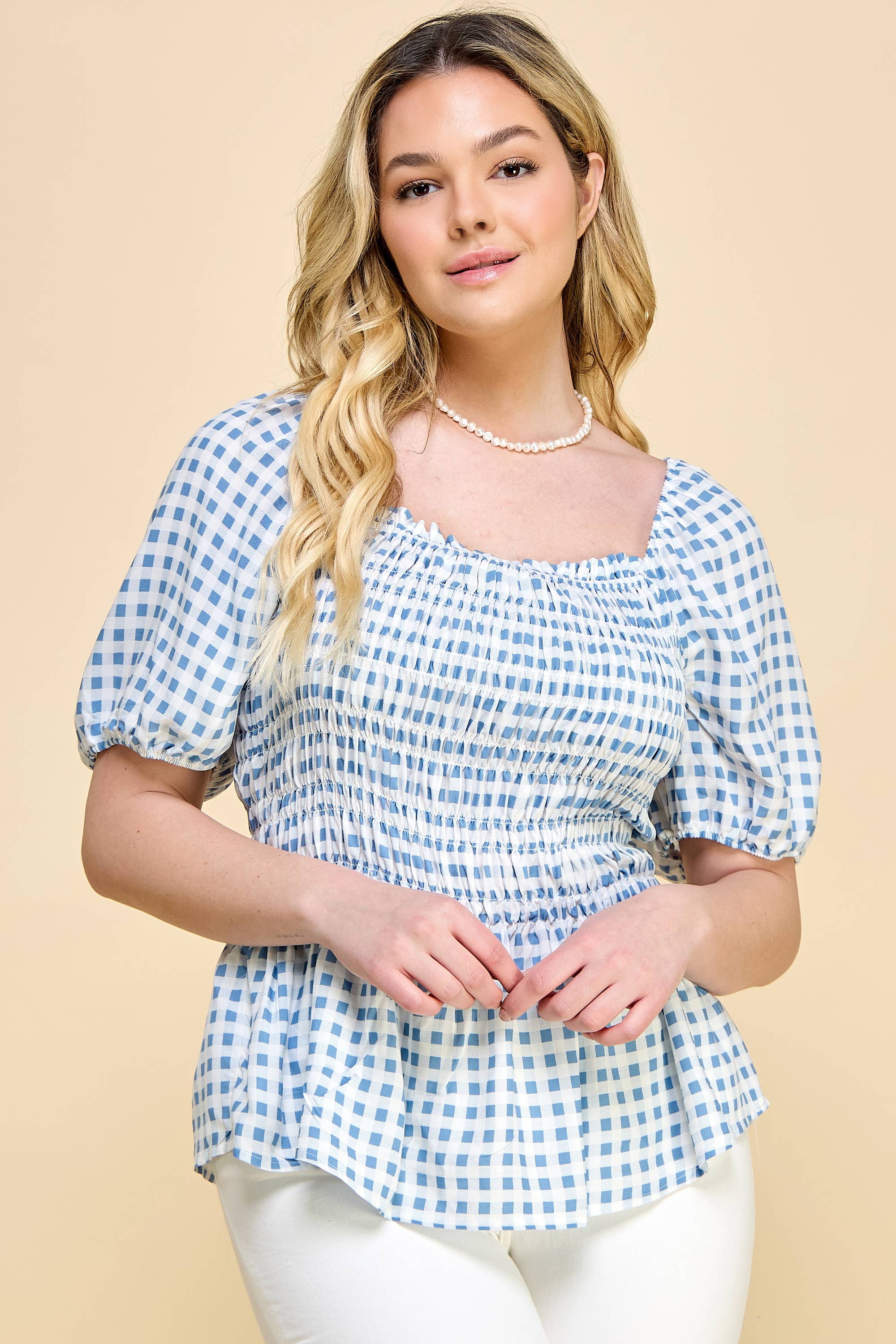 Winslow Collection Plus Size Puff Sleeve Smock Baby Doll Top - Ivory/Denim