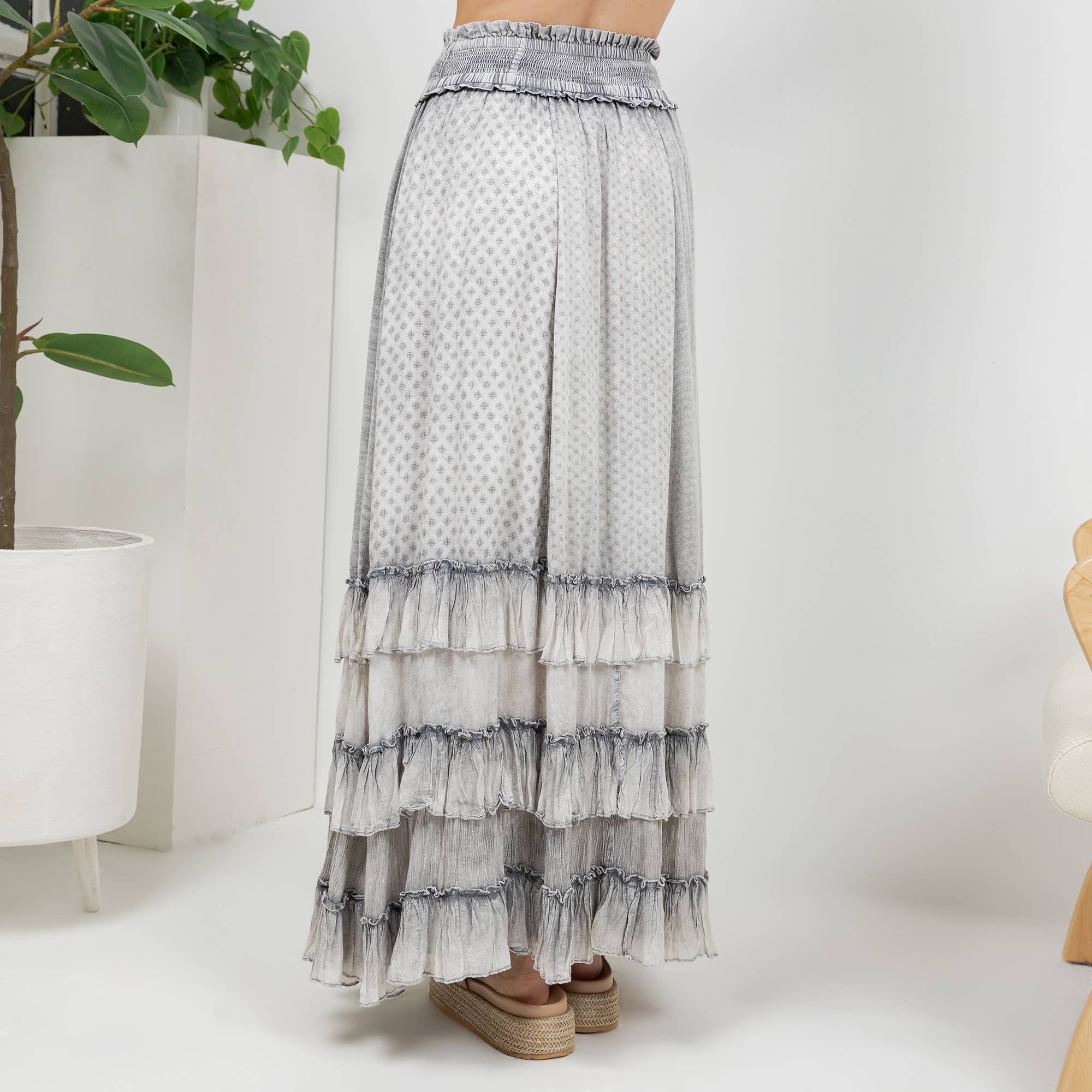 Young Threads Rustic Textured Smocked Waist Ruffled Tiered Maxi Skirt - Grey