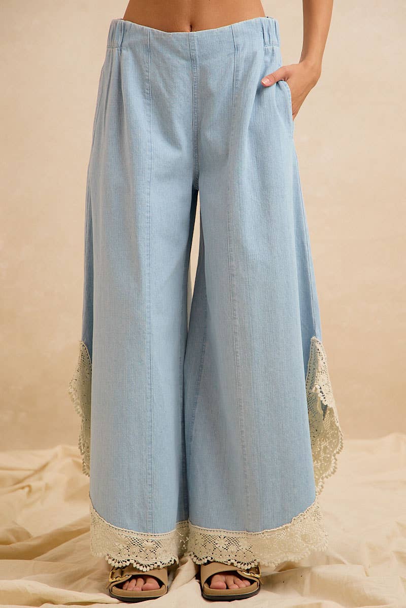 BiBi Wide Leg Crochet Lace with Tulip Hem Jeans - Denim