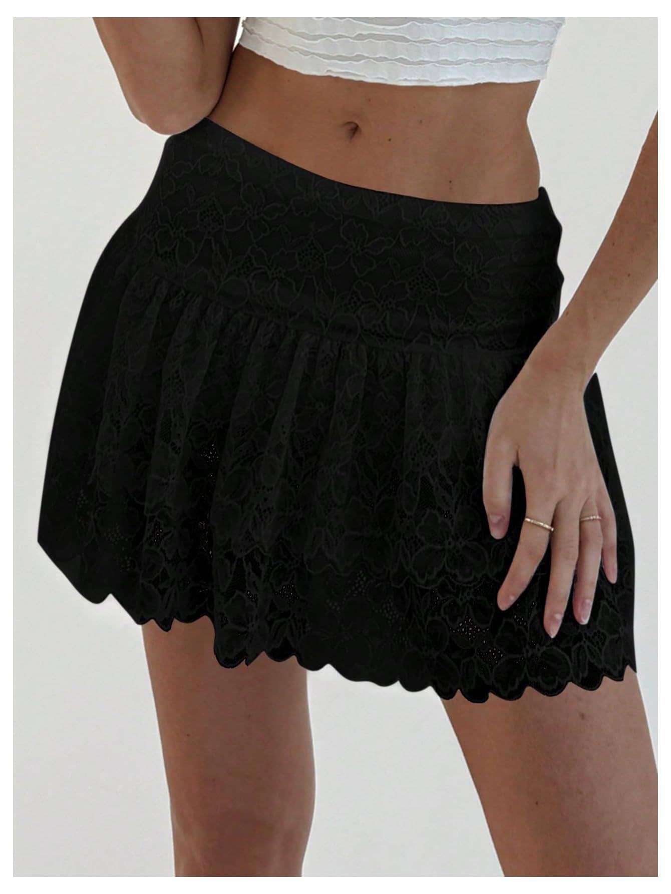 HIDDENBRAND Ballet Lace Floral Cake Mini Skirt - Black