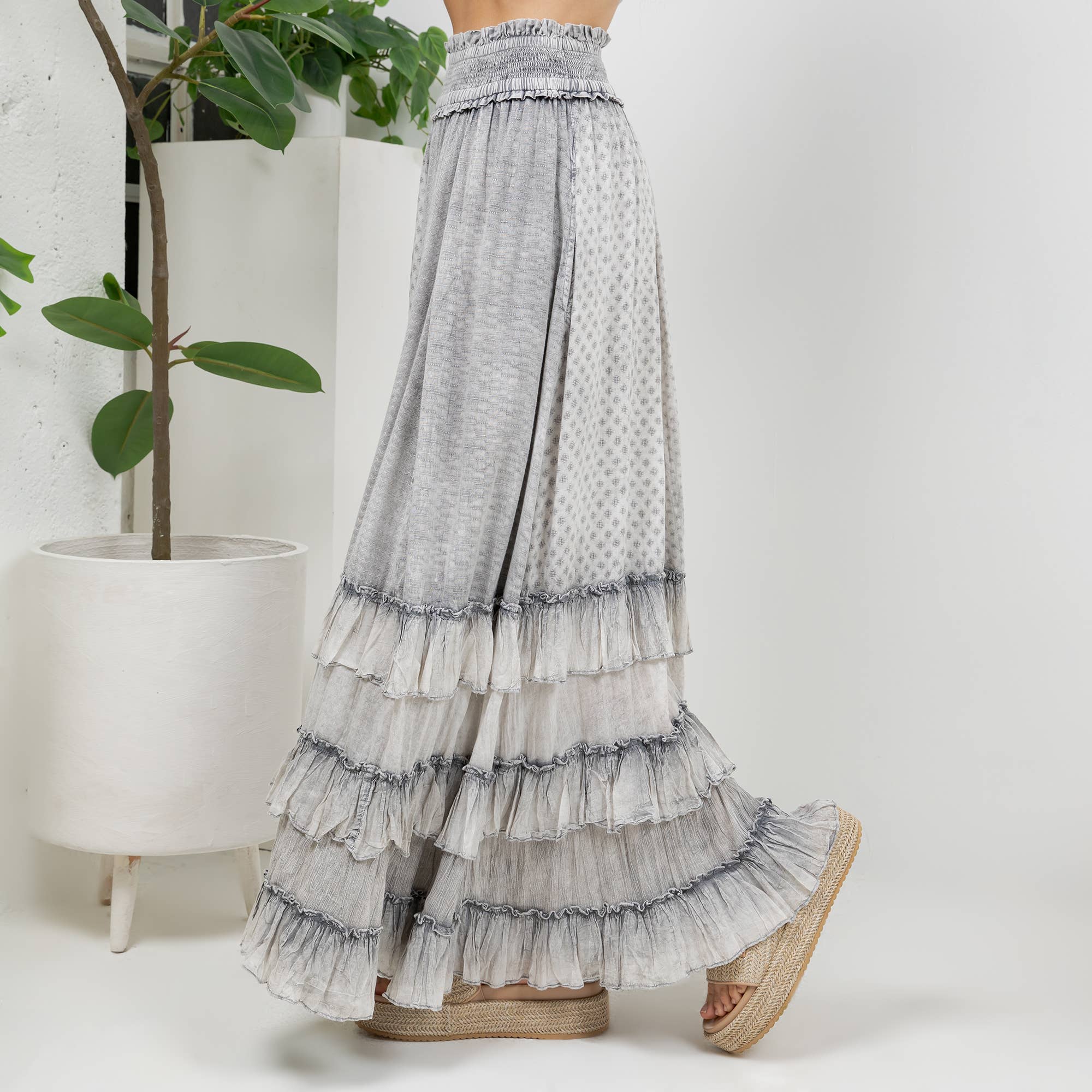 Young Threads Rustic Textured Smocked Waist Ruffled Tiered Maxi Skirt - Grey