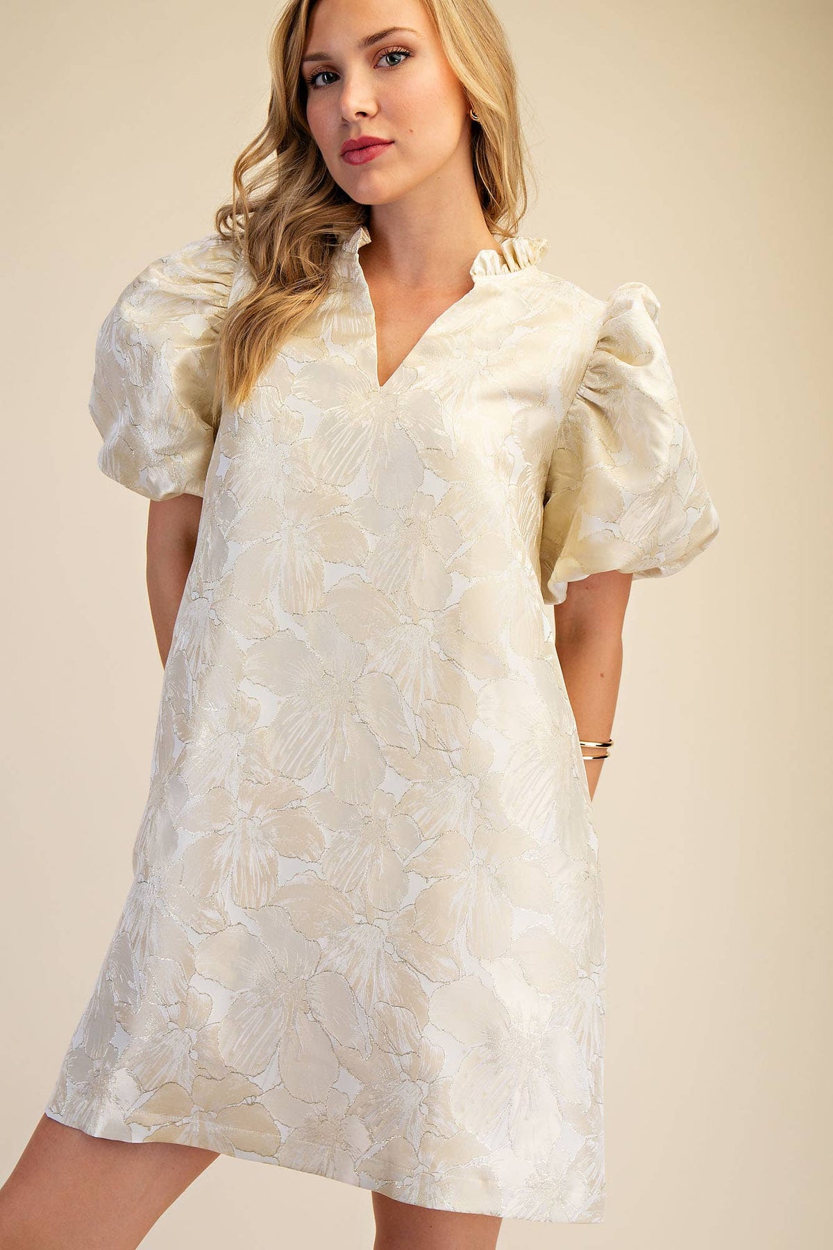 Glam Ruffle V-Neck Puff Sleeve Mini Dress - Champagne
