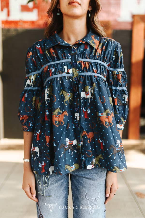 Lucky & Blessed Women's Plus Size Navy Western Horse Print Contrast Piping Blouse