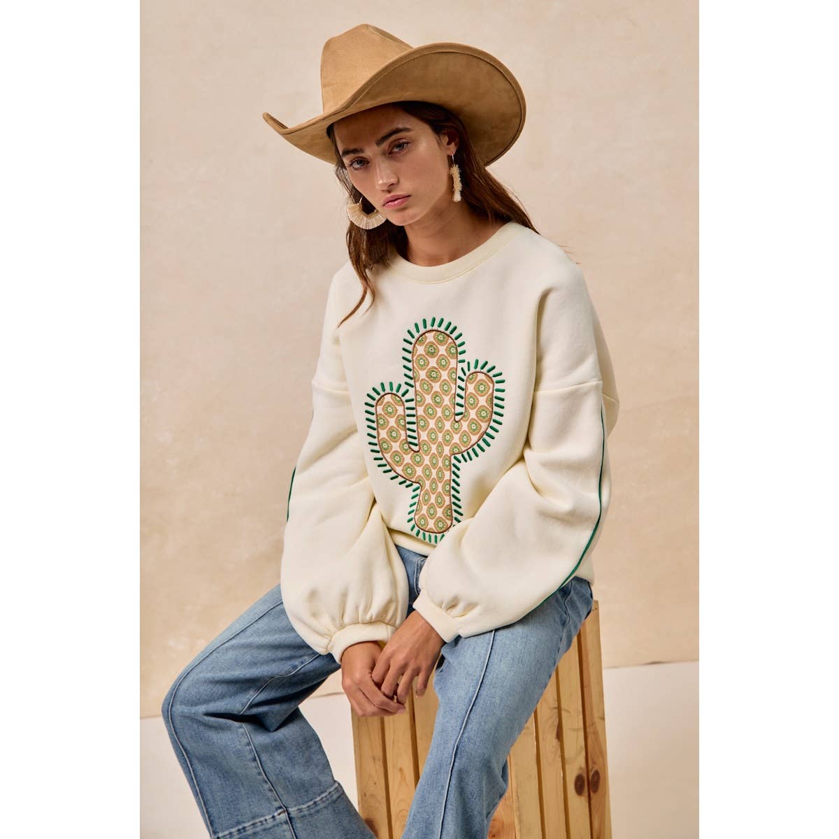 BiBi Cactus Embroidered Fleece Sweatshirt - Cream