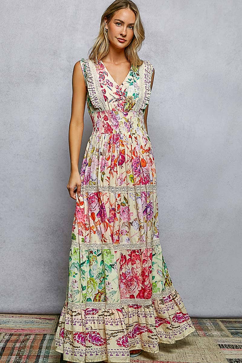 Pol Feminine V-Neck Smocked Waist Ruffle Floral Maxi Dress - Cream