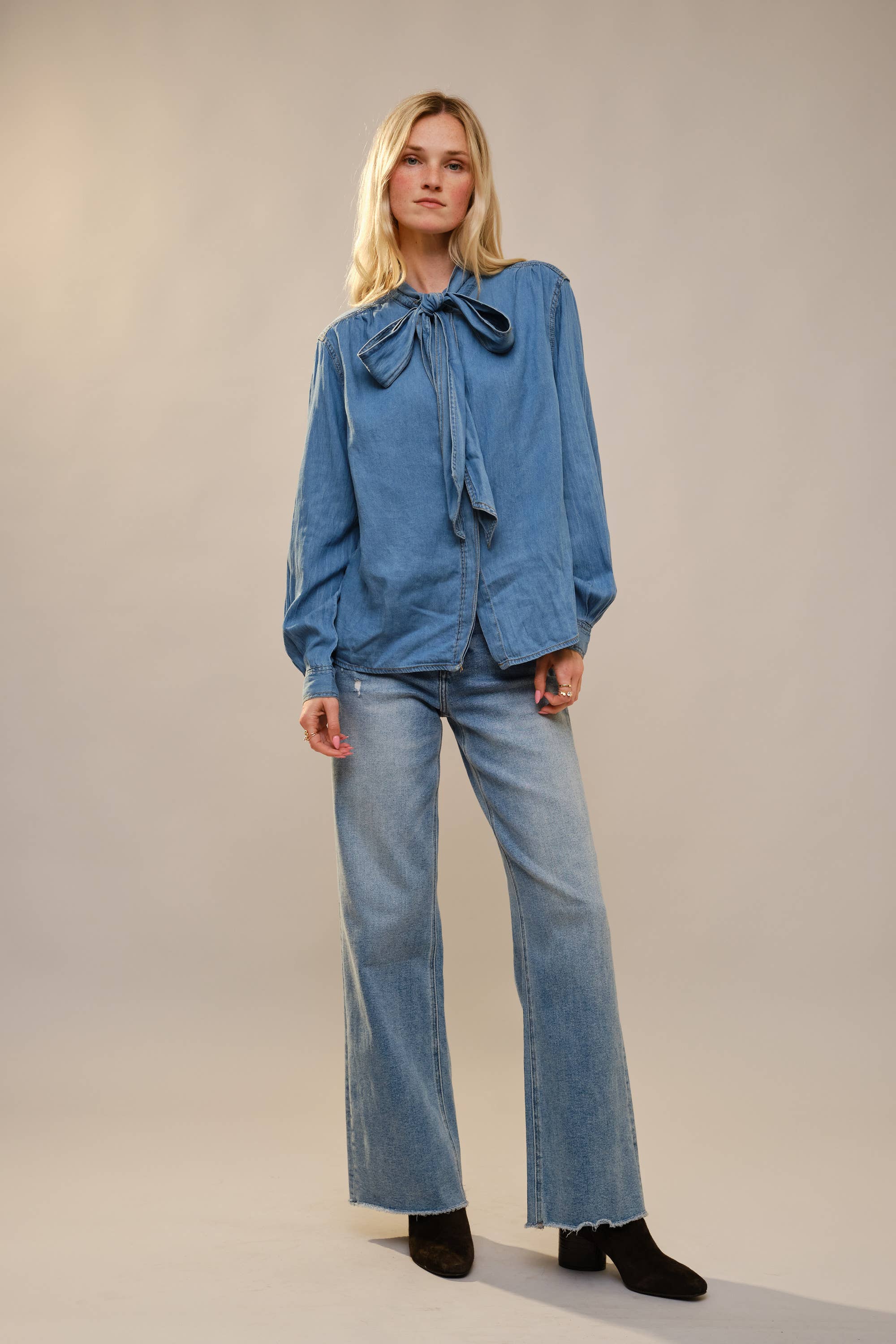 Blue B Cotton Tencel Blend Tie Neck Hidden Button Up Chambray Blouse - Medium Wash