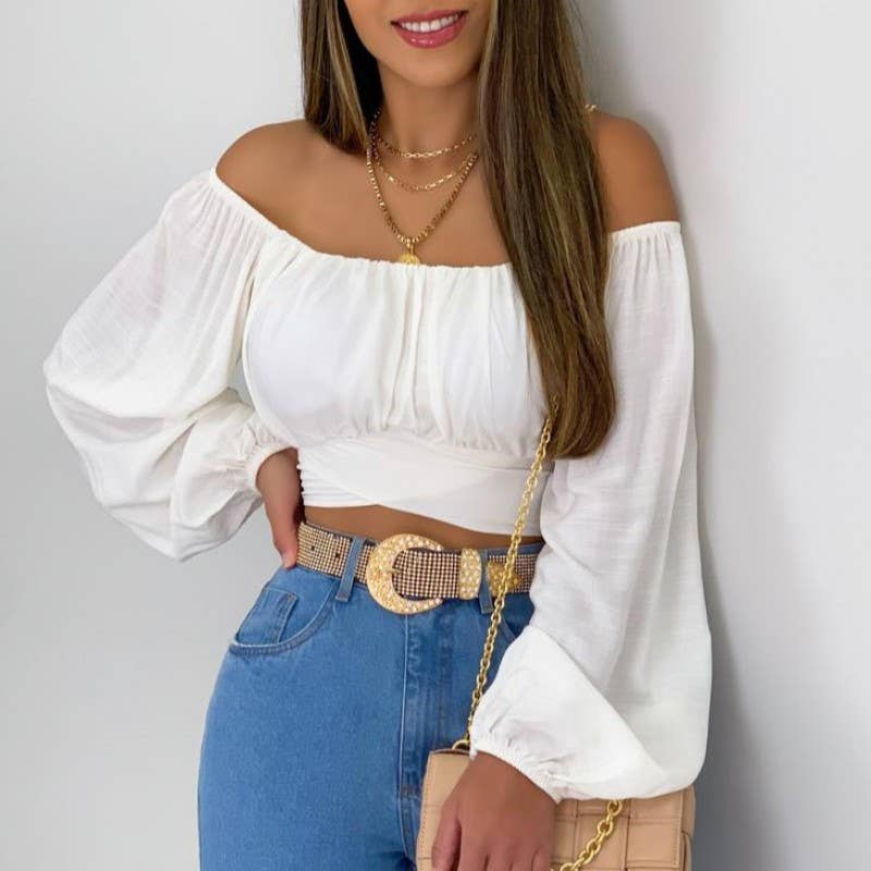 HIDDENBRAND Crop Top Balloon Sleeve Straight-Neck Shirt - White