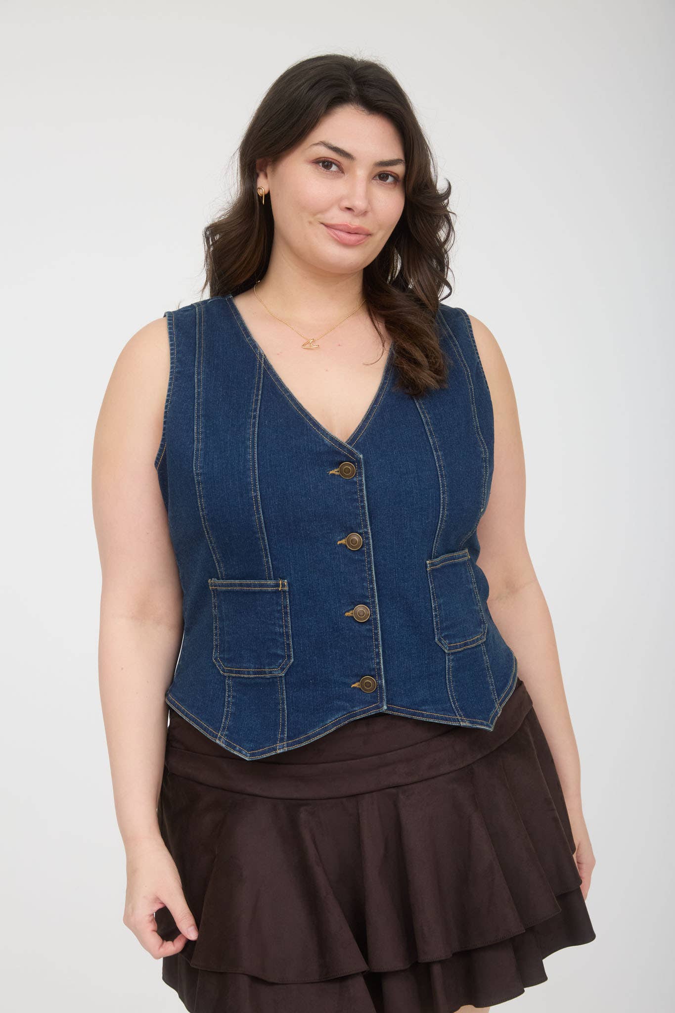 The Workshop Plus V Neck Sleeveless Button Down Denim Vest - Denim