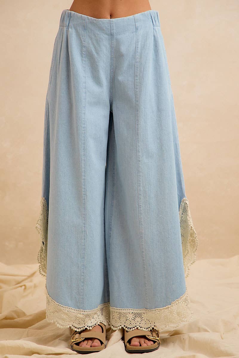 BiBi Wide Leg Crochet Lace with Tulip Hem Jeans - Denim