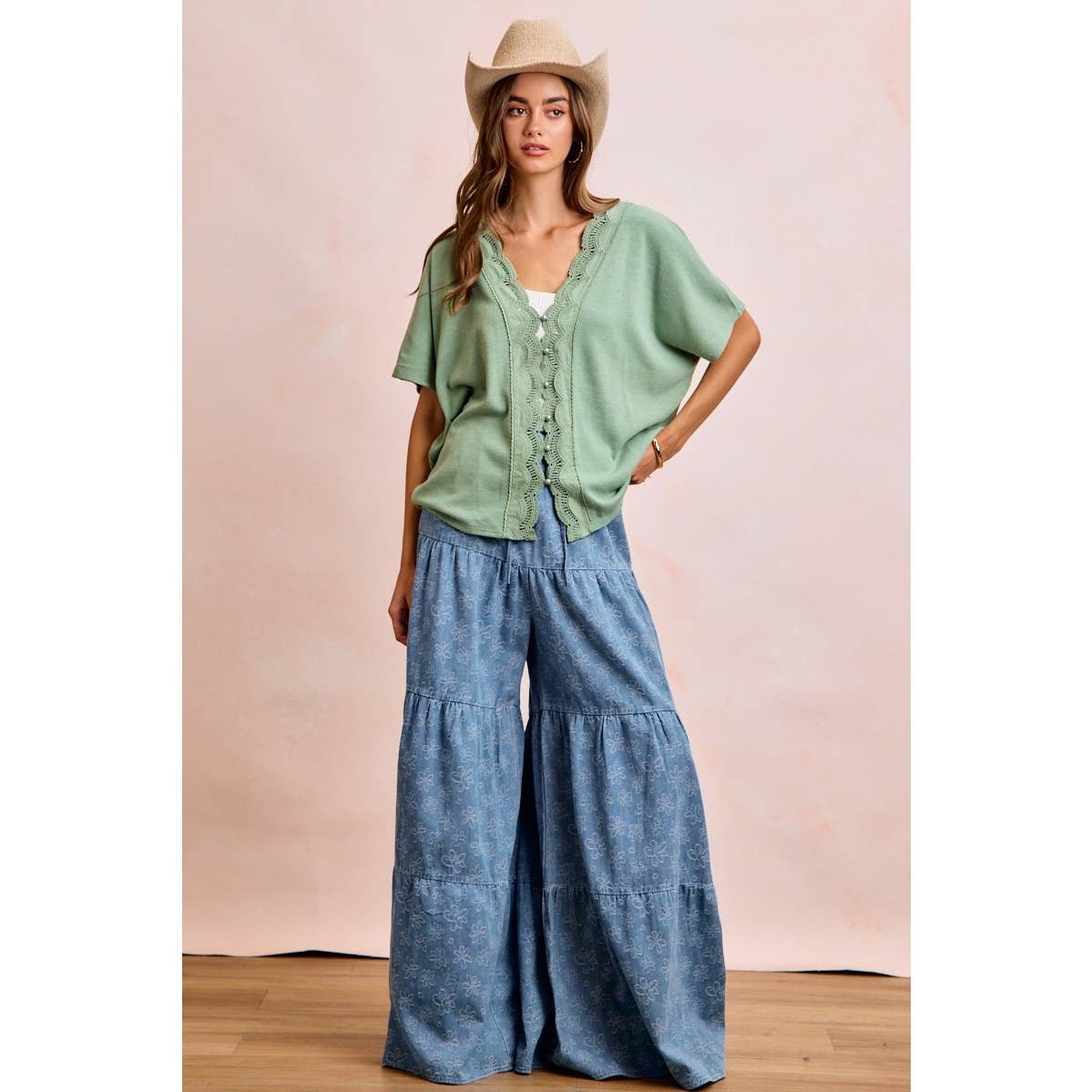 BiBi Floral Tiered Flare Denim Pants - Denim