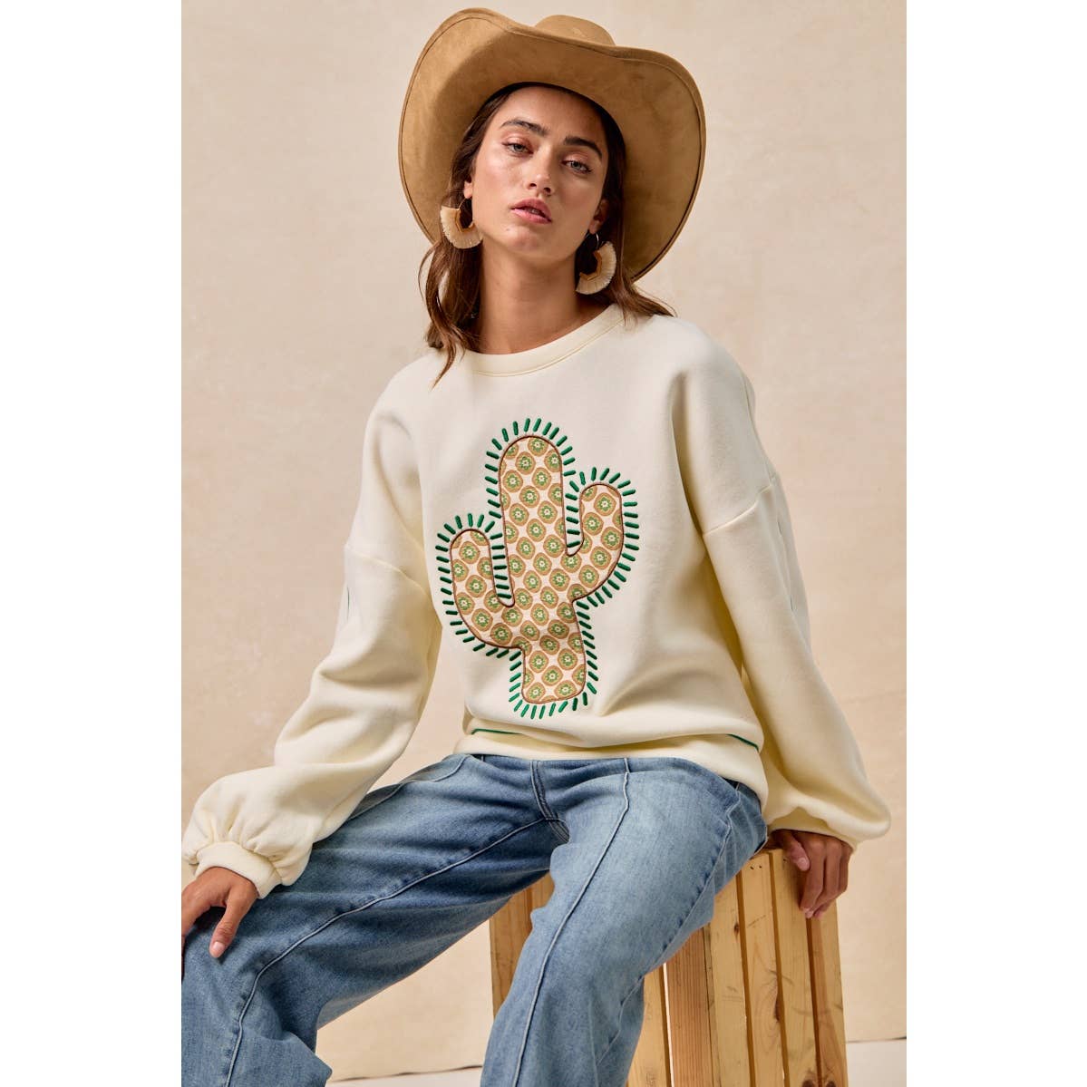 BiBi Cactus Embroidered Fleece Sweatshirt - Cream