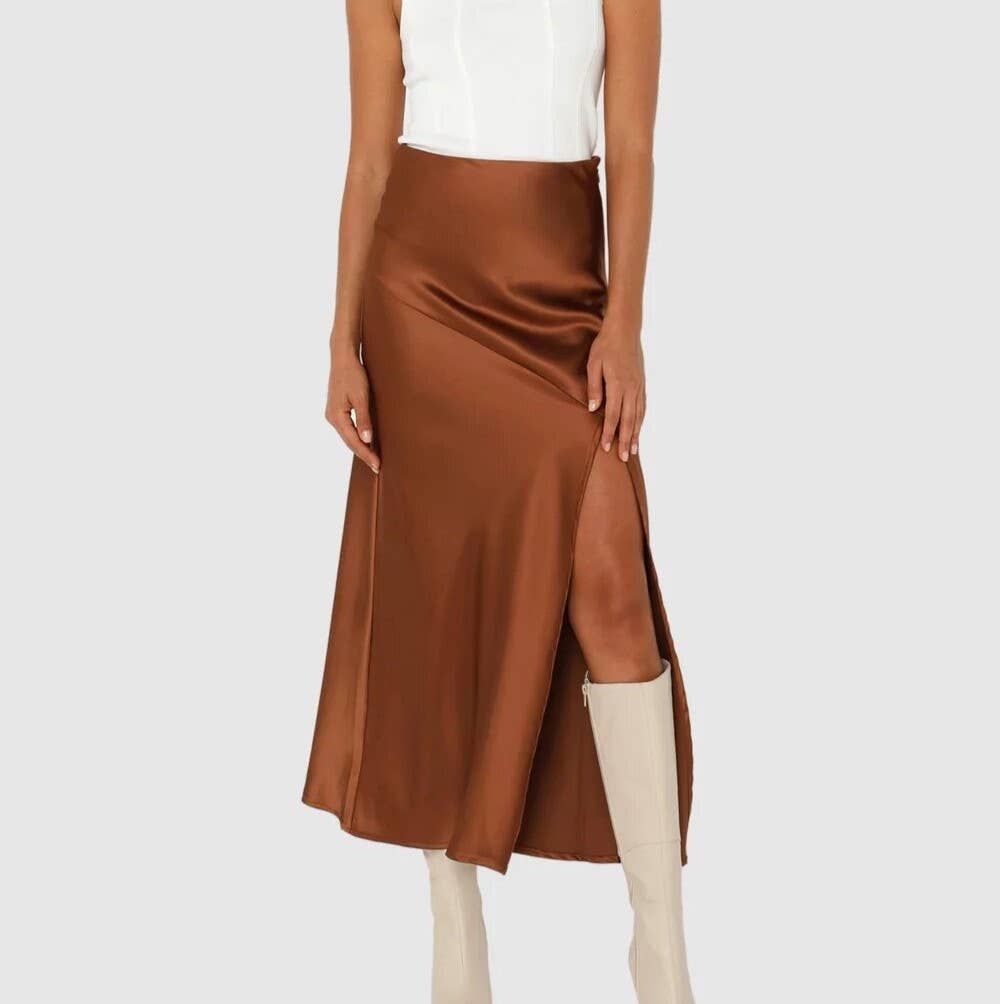 Rosa Clothing Satin Stylish High-Waisted Slit Skirt Brown