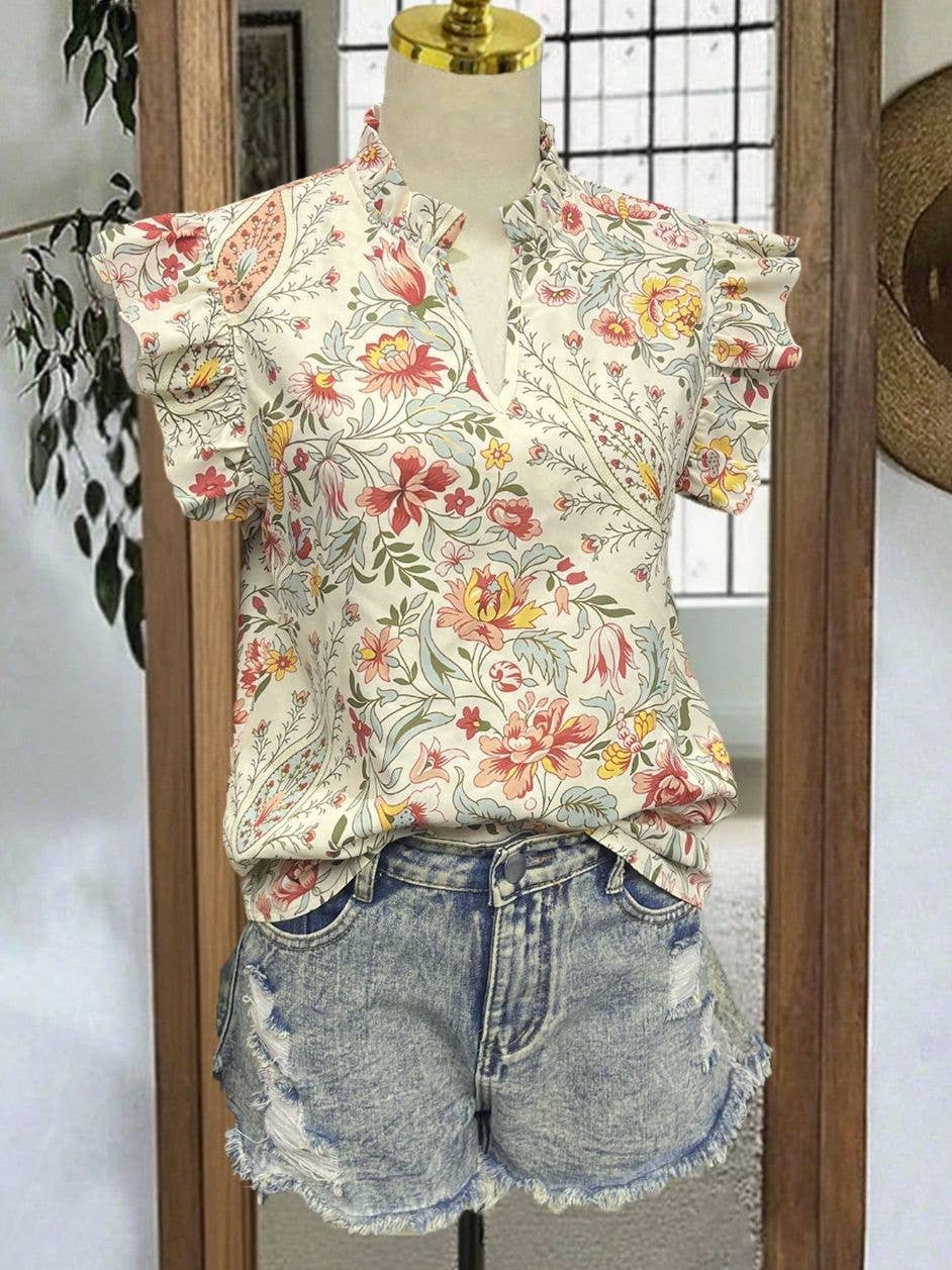 HIDDENBRAND Retro Floral Print Ruffle Flutter Sleeve Blouse - Floral