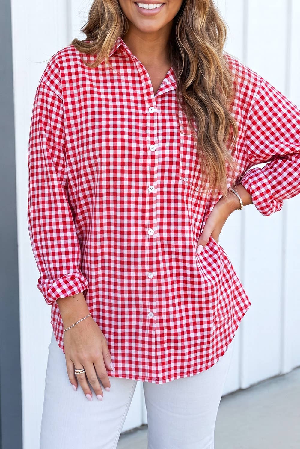 LA Society Las Plaid Tunic Loose Fit Plus Size Shirt - Red