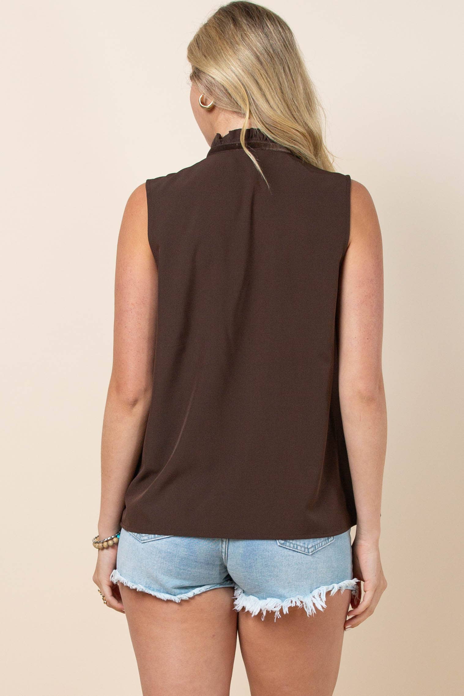Avery Apparel Claire Solid Ruffled Collared Button-Down Blouse - Brown