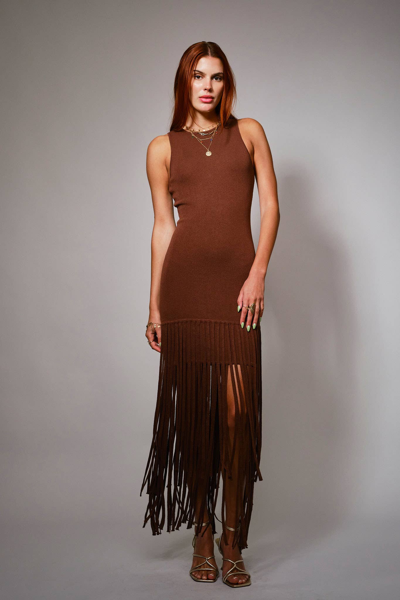 Blue B Fringe Hem Knit Maxi Dress - Dark Brown