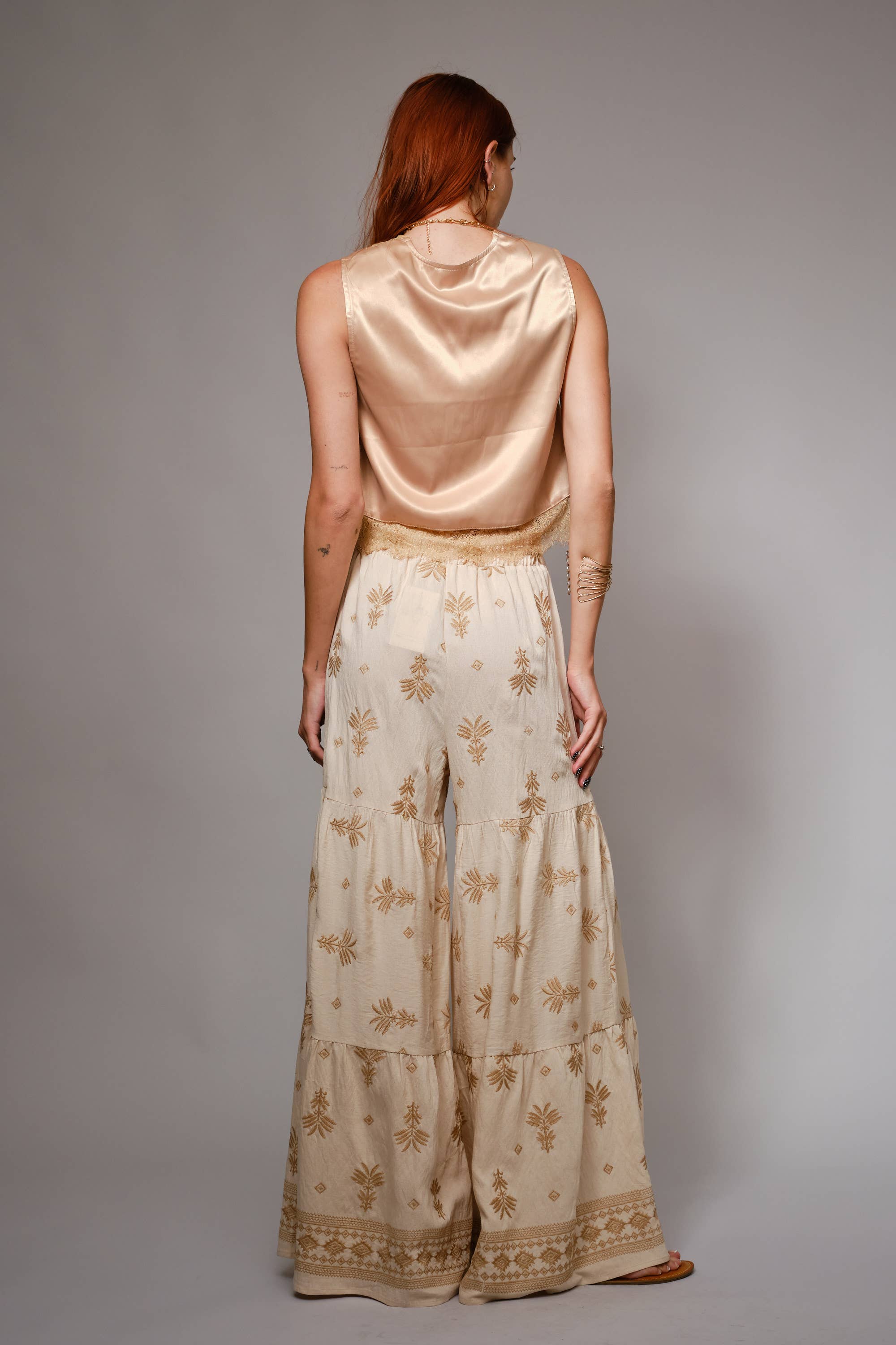 Blue B Embroidered Tassel Tie Front Tiered Palazzo Pants - Beige